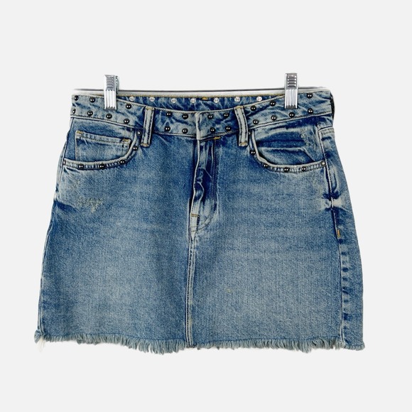 ALL SAINTS Blue Distressed Denim Studded Betty Skirt US Size 6‎ Frayed Hem - Picture 1 of 6